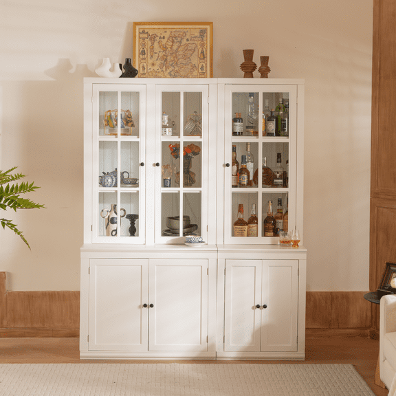 Lisonu 75'' Tall Freestanding Kitchen Pantry Cabinet, 60'' Wide Farmhouse Storage & Display Hutch with Glass Doors, MDF Buffet Cabinet for Kitchen & Dining Room, White