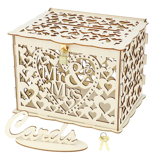 Wood Wedding Storage Box Mr & Mrs Flower Box for Wedding Party Gathering (One Key, 12 Rubber Rings, Small Size)