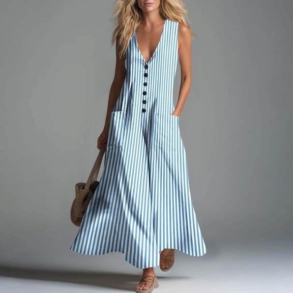 Guieoi Summer Dresses for Women under $10 Plus Size Flowy Buttoned Cotton-Linen Loose Pocket Sleeveless Printed Striped Maxi Dress Blue L