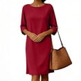 thumbnail image 6 of ClodeEU Women's Long Sleeve Crew Neck Midi Dress with Pockets, Solid Color Casual Loose Knee Length Dress Red,Women's Plus M, 6 of 6