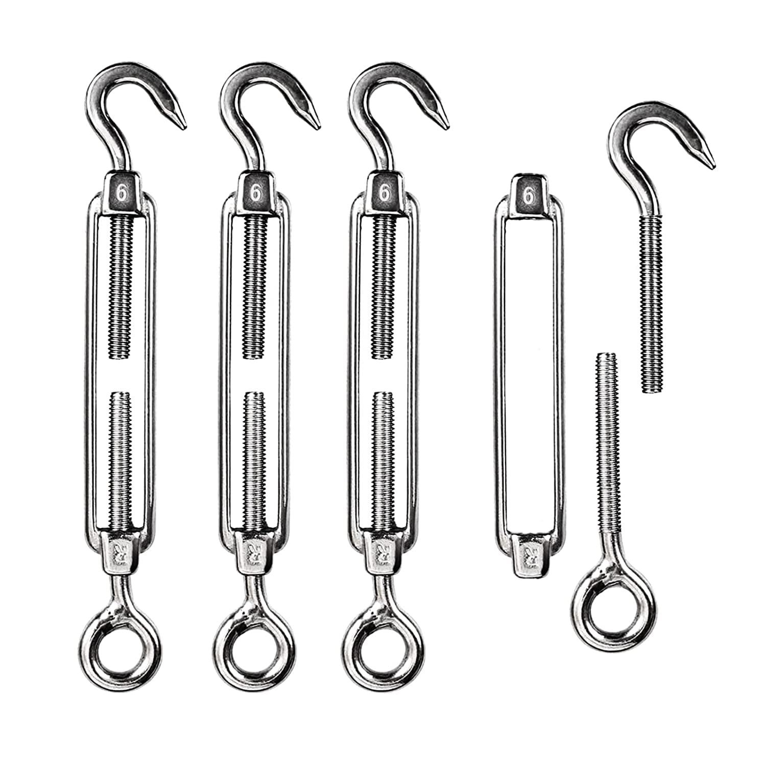 Turnbuckles Hook, 304 Stainless Steel Turnbuckle Heavy Duty M4 M6 M8 Hook  and Eye Turnbuckle for Cables Wire Rope Tension 5/32 1/4 5/16 for Sun  Shade Fence Tent Rope Installation(M6, 4Pcs) 