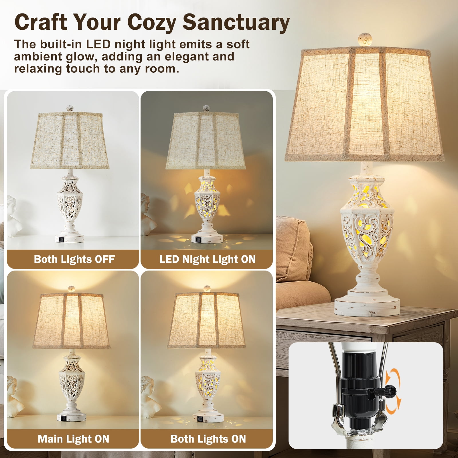 NATYSWAN Table Lamps Set of 2, 23.5"Bedside Lamp with USB A+C and Nightlight, Cream Modern Resin End Lamps for Bedroom Living Room