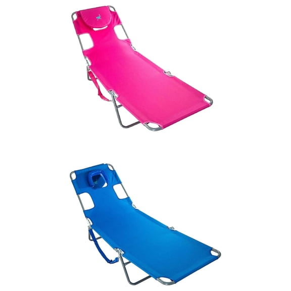 Chaise Lounge Lightweight Portable Folding Rust Resistant Quick Dry Sunbathing Poolside Beach Chair with Carrying Strap & Pillow, Pink & Blue