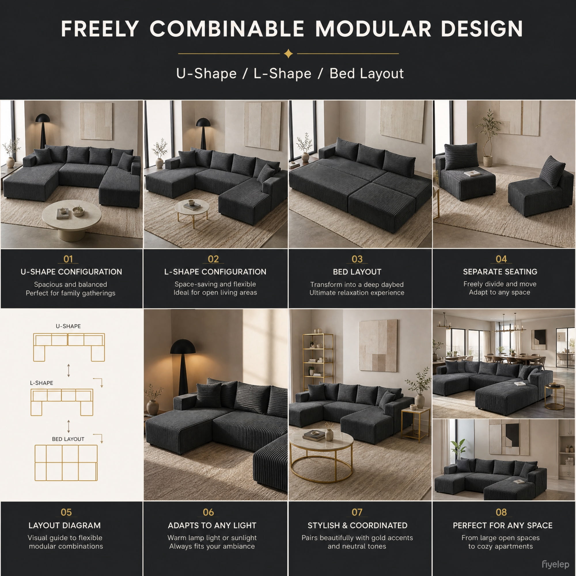 Garitin Modular Sectional Sofa 132 Inch U-Shaped, No Assembly Required Corduroy Couch with Double Chaise and Deep Seat for Living Room Apartment, Gray