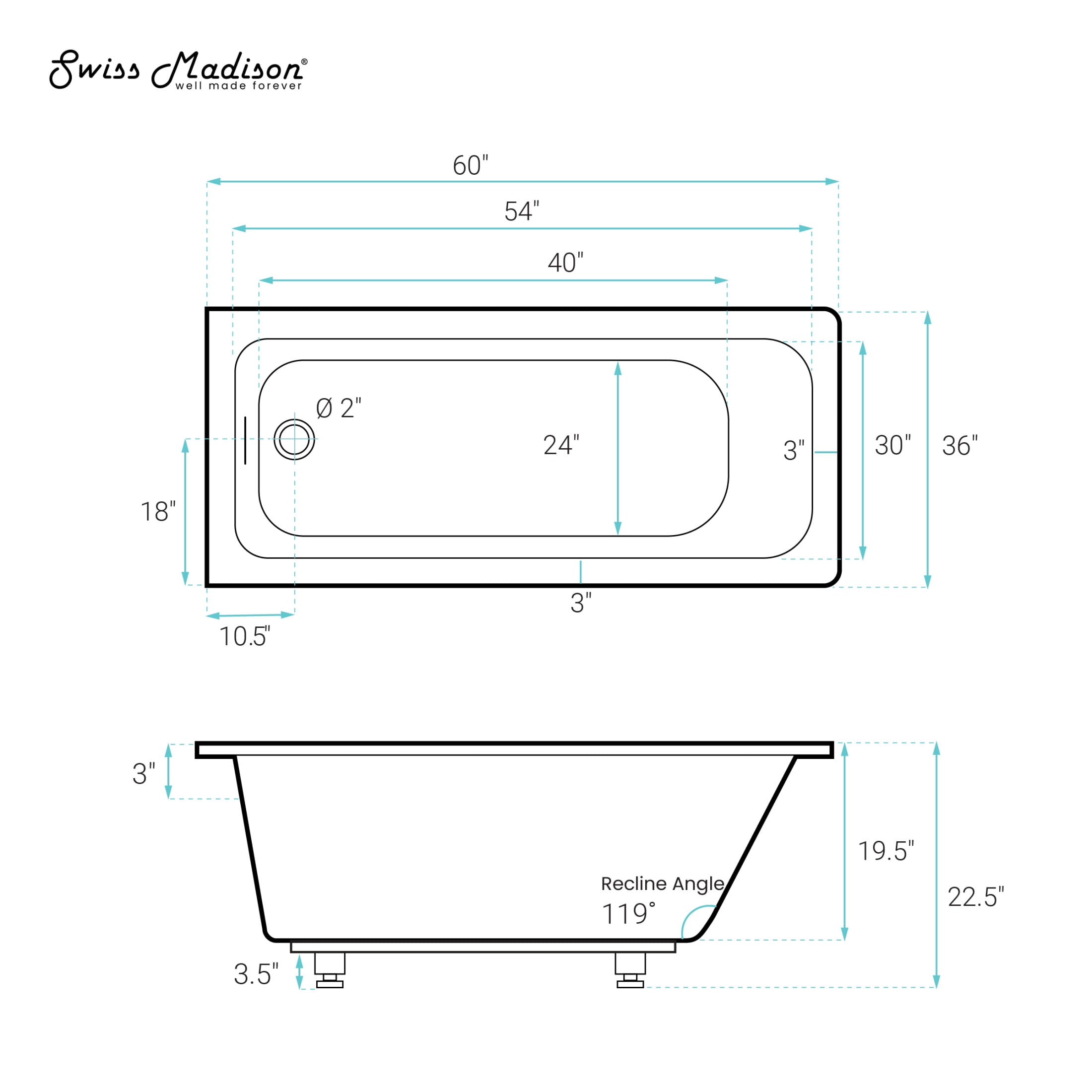 Voltaire 60 x 36 Reversible Drain Soaking Drop-in Bathtub in Glossy White with Integrated Overflow, Drain Included