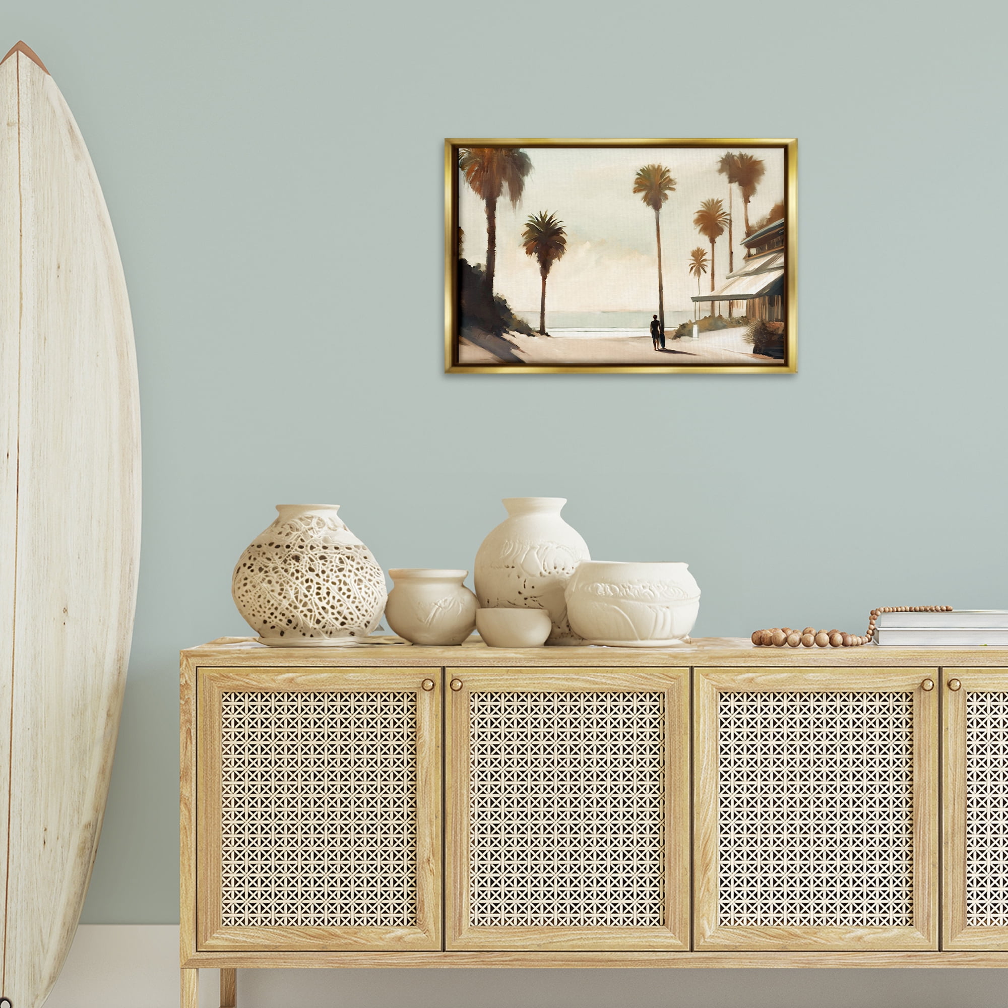 Stupell Industries Tropical Café Del Mar Landscape & Nature Painting Gold Floater Framed Canvas Art Print Wall Art, 25 x 17