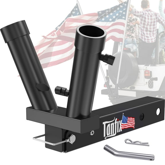 Tanfix Foldable Double Hitch Mount Flagpole Holder | All Metal Heavy- Duty, Fits Standard 2" Trailer Hitch, Compatible with Jeep, Truck, SUV, RV, Pickup, Camper Trailer (Double Flagpoles)