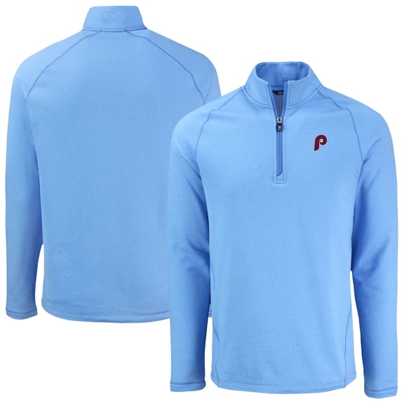Men's Cutter & Buck Heather Light Blue Philadelphia Phillies Peshastin Eco Fleece Recycled Raglan Quarter-Zip Top