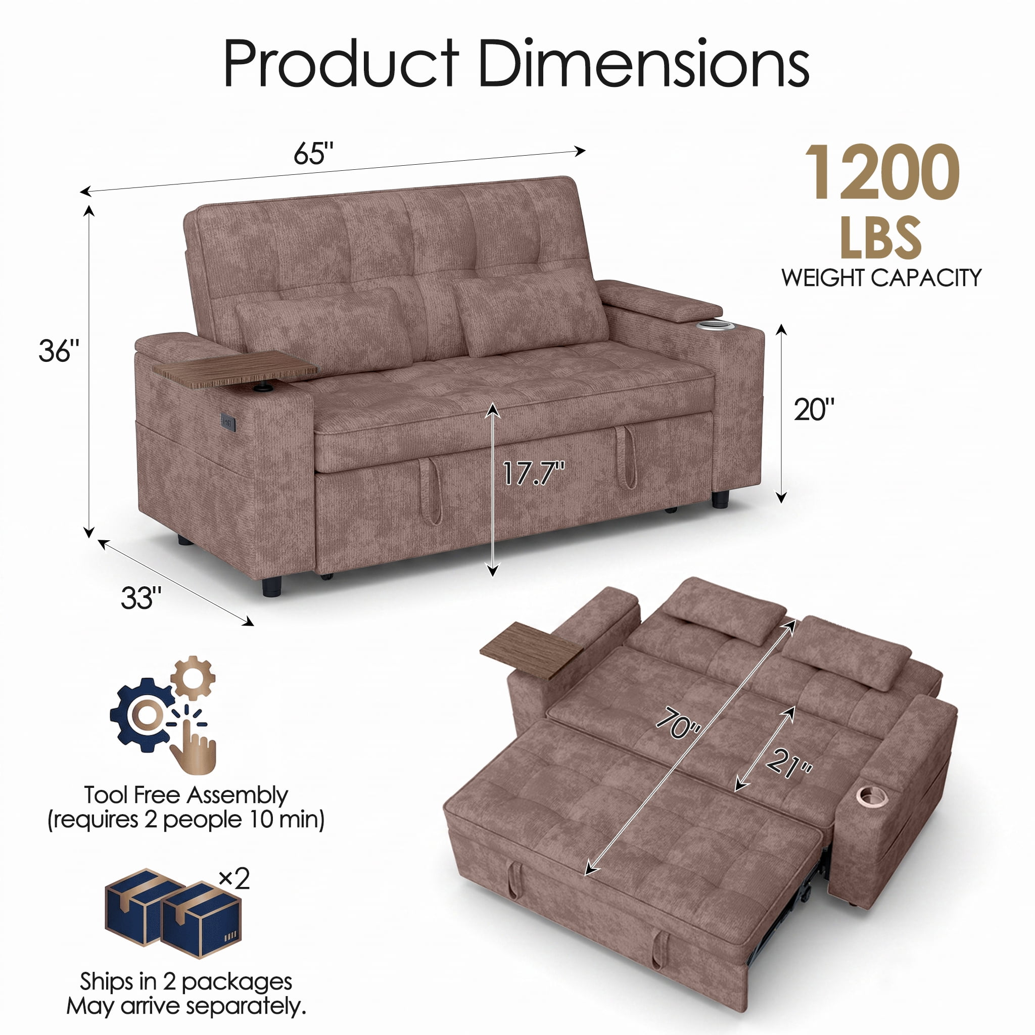 Xiweot 65" Sleeper Sofa Bed, 3-in-1 Convertible Chenille Futon Couch, Loveseat Sofa with Adjustable Backrest, Pull out Couch with Storage Armrest, Table & Pillows for Living Room Apartment (Brown)