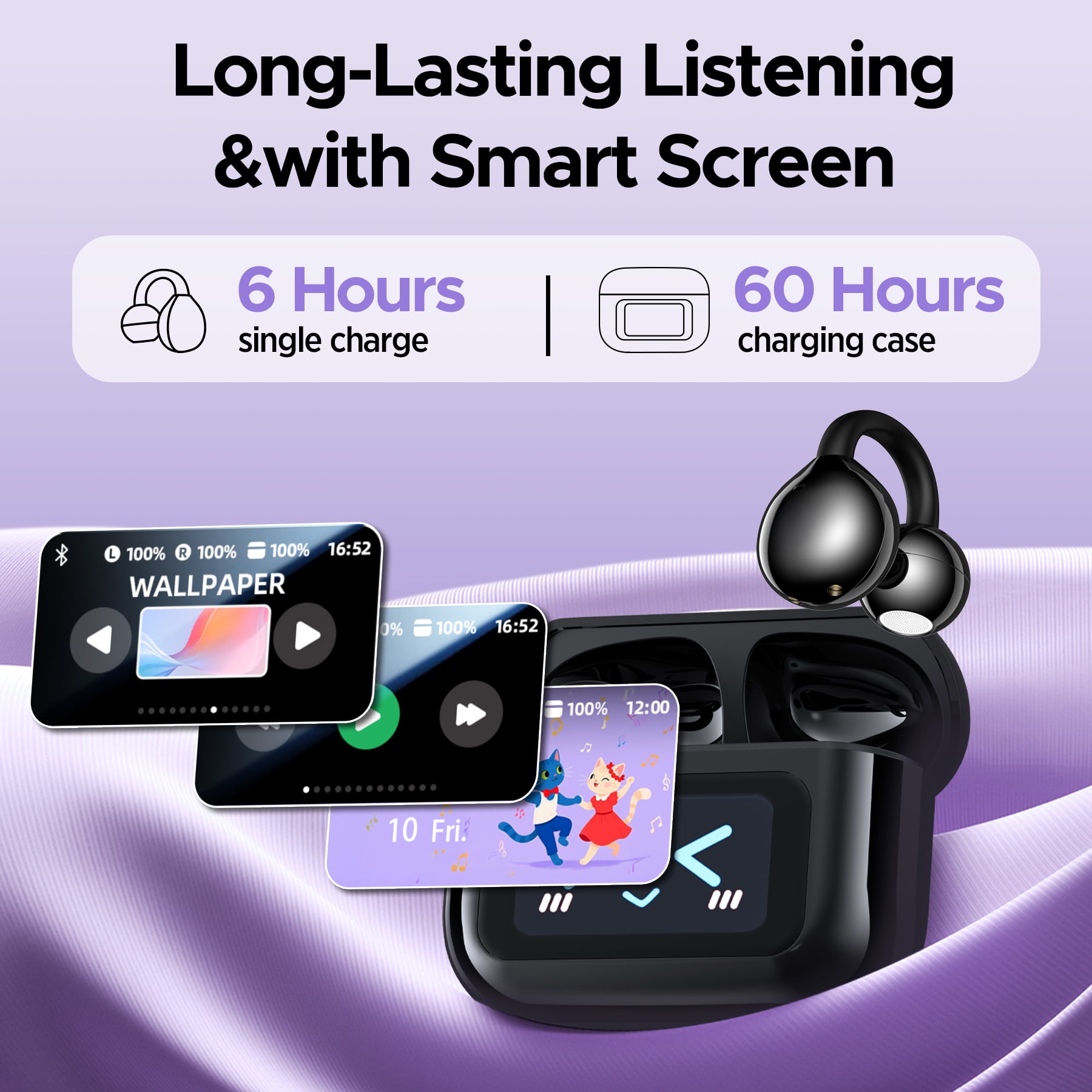 STA Open Ear Clip-On Earbuds, LCD Touch Screen,Bluetooth 5.4 Sports Earphones,ENC Call Noise Cancelling Earphones with Mic,Ear Clip Earbuds,Bass Boost,IPX7 Waterproof,60H Playtime,Lightweight