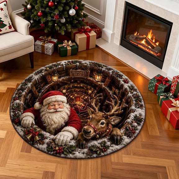 Christmas 3D Round Rug,Optical Illusion Christmas Area Mat for Indoor Outdoor Use,Santa Claus Decorative Rugs Welcome Floor Mat for Living Room Home Gifts,15.75 inch