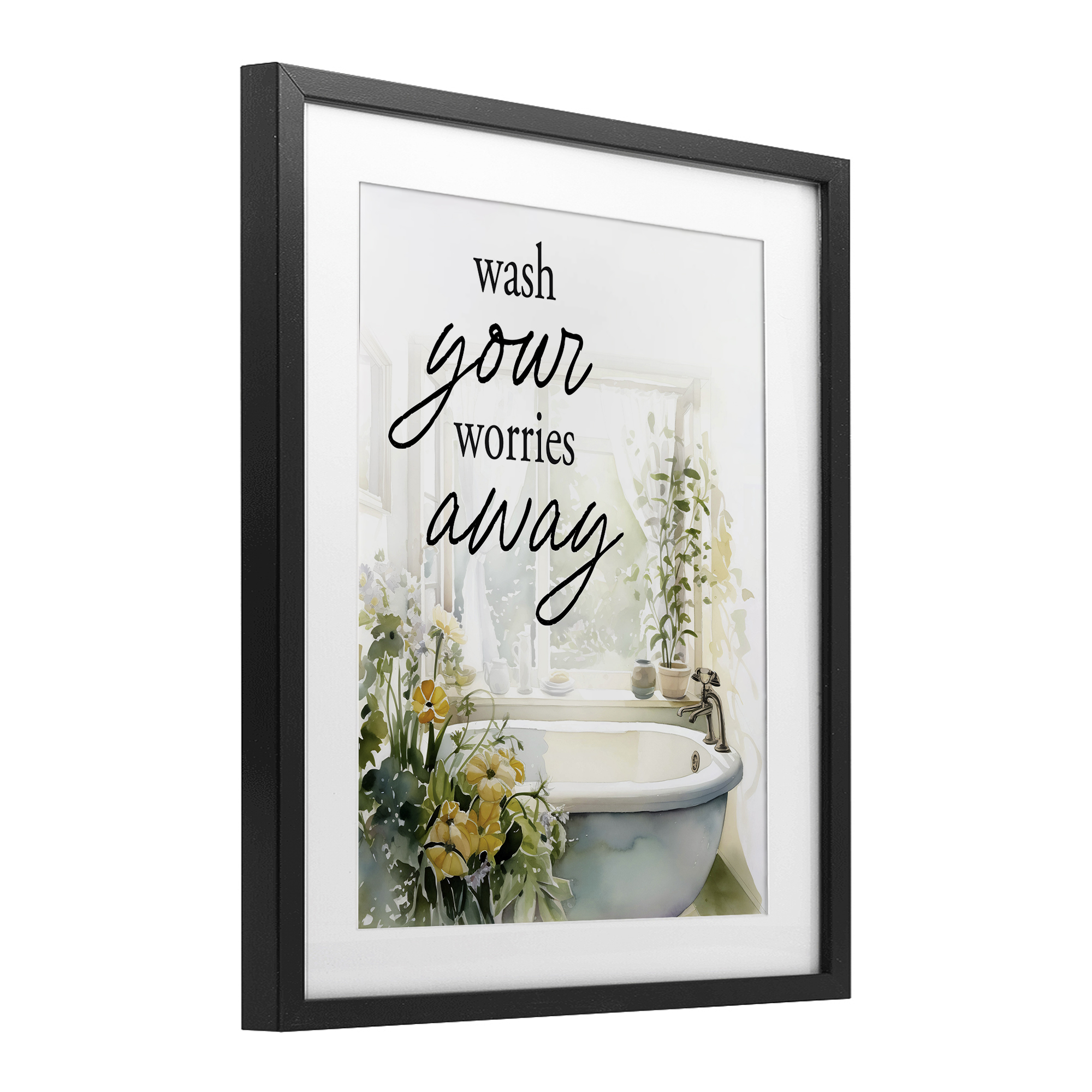Wash Worries Away Sunlit Bath Black Framed Print Under Glass, design by Lettered and Lined
