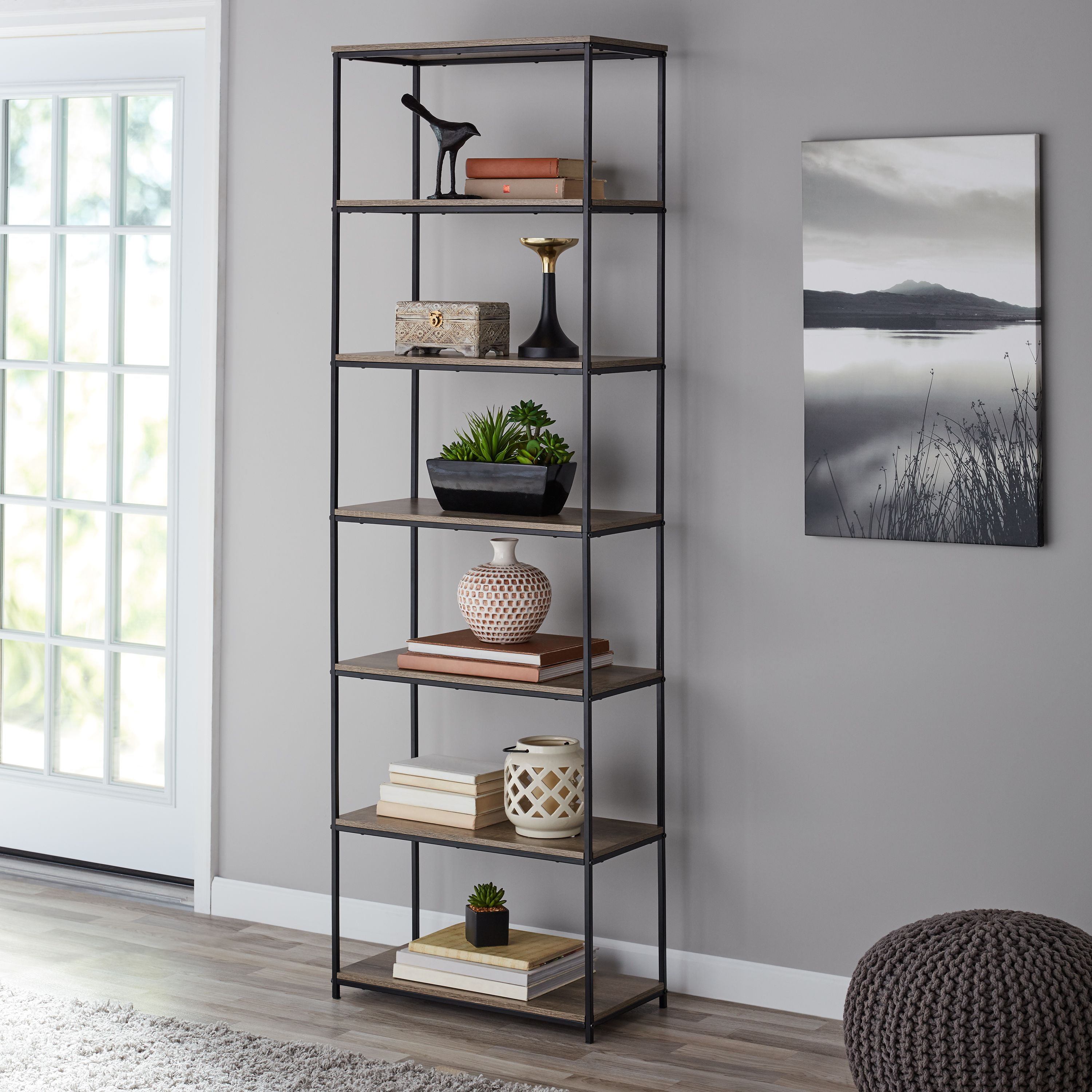 Mainstays 6 Shelf Metal Frame Bookcase, 9 Ft Tall Bookcases