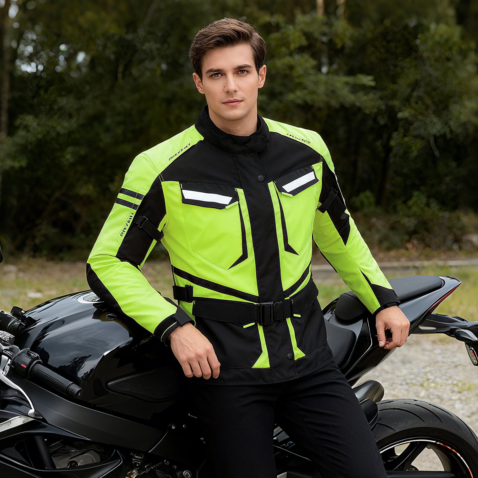 Dream Apparel Mens Motorcycle jacket Black, Armored Protective Round Neck & Air Vents