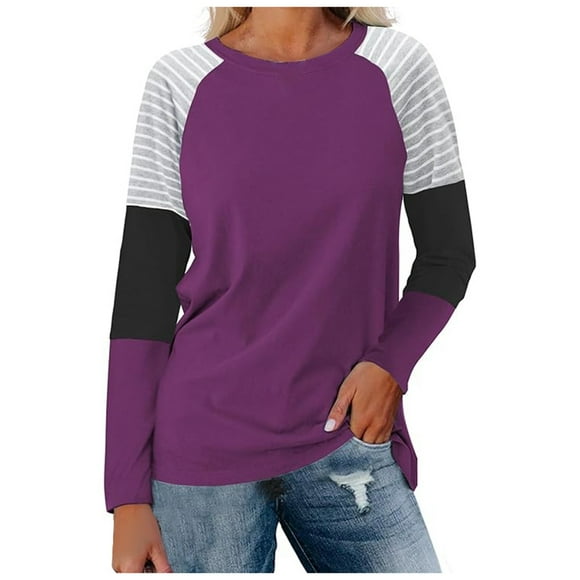 SNKSDGM Fitted Long Sleeve Tops for Women Set Long Sleeve Shirts for Women Women's Loose Crew Neck Striped Splicing Fashion Casual Long Sleeve T Shirt L