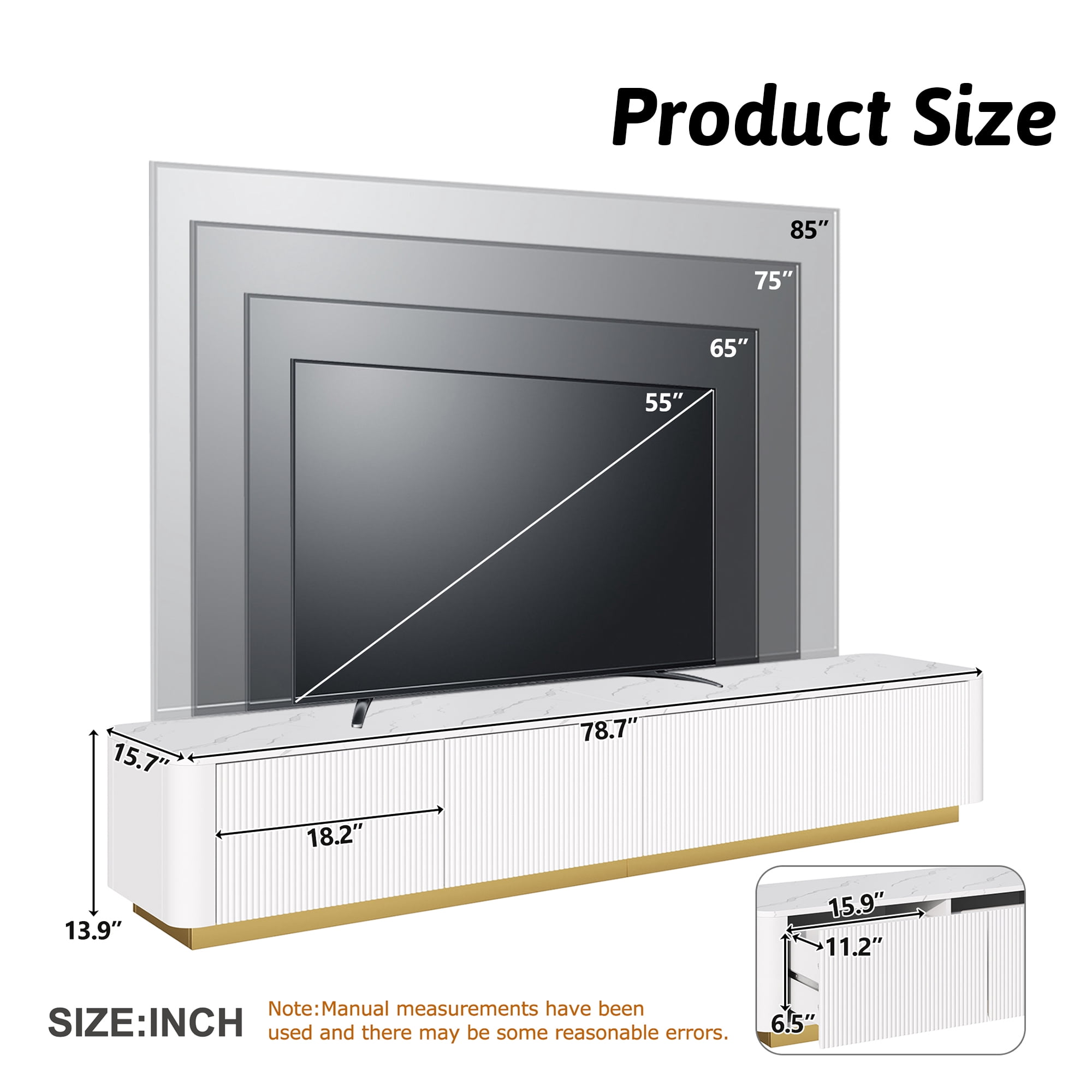 HIUU Luxury TV Stand with Faux Marble Table Top,Marble TV Stand Modern,Fluted TVs Console with Storage for TVs Up to 85",White Entertainment Center with Gold Base