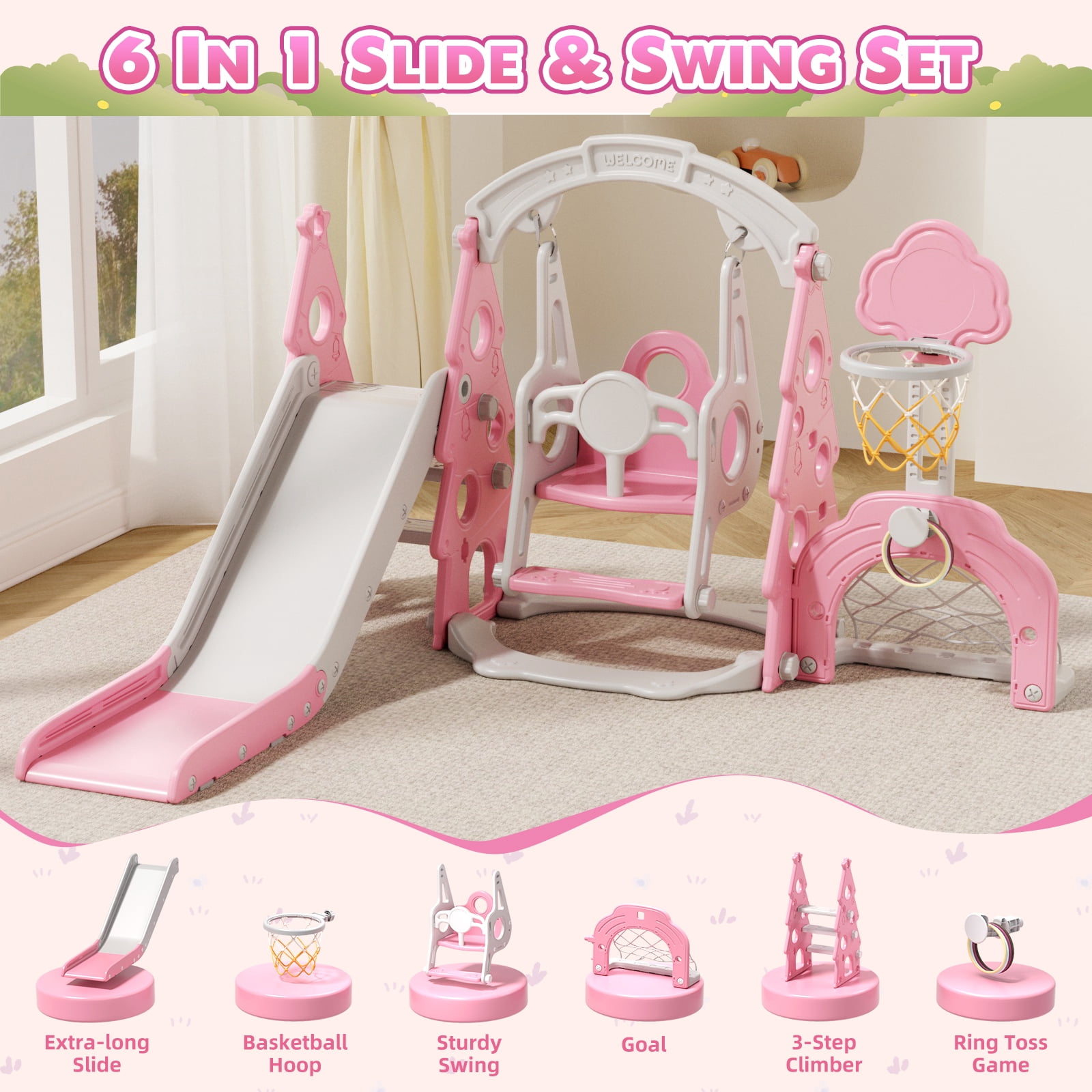 XJD 6-in-1 Toddler Slide and Swing Set, Kids Indoor Outdoor Playset with Basketball Hoop, Backyard Playground for Toddlers 1-3 Years Old, Pink