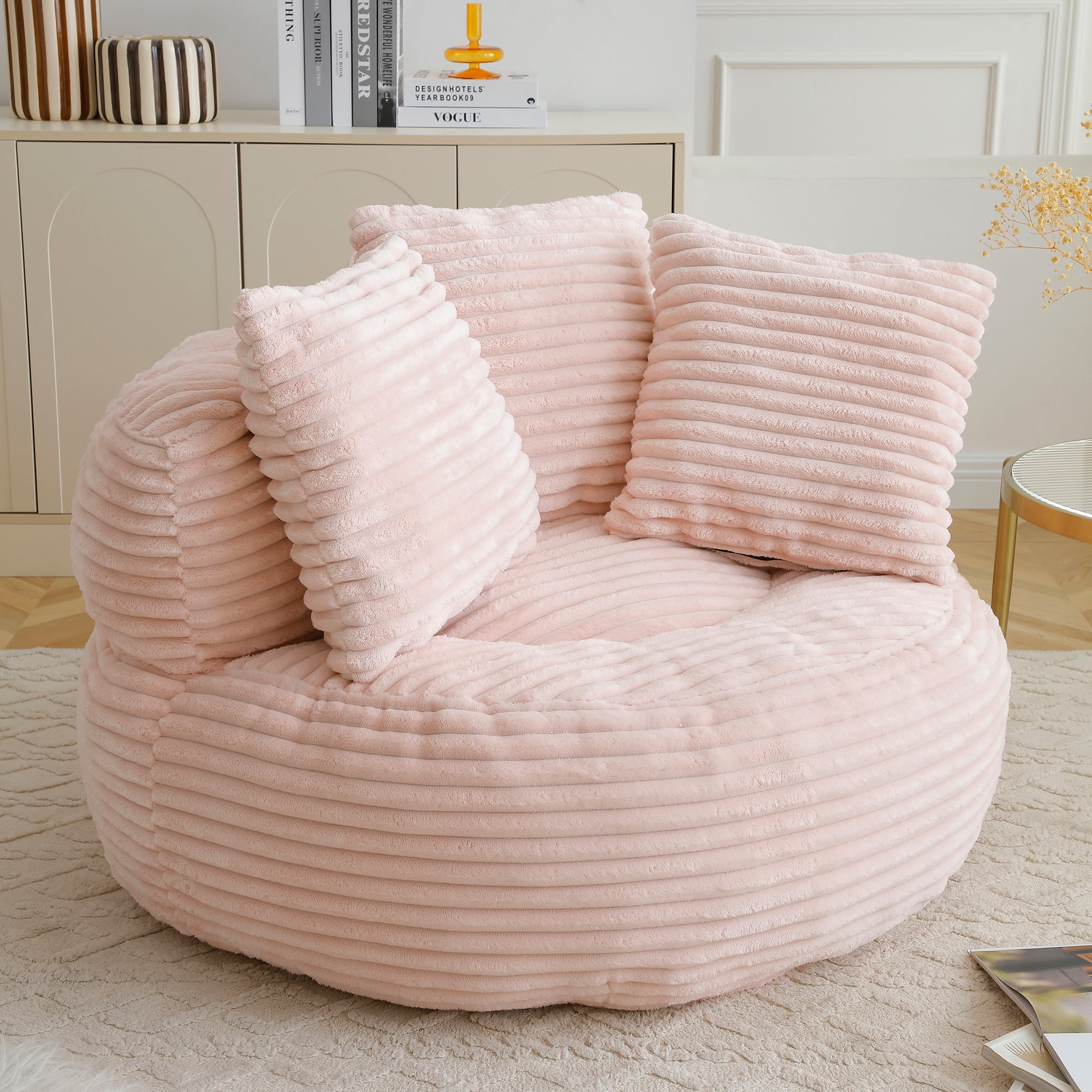 MDQMD 45"Oversized Bean Bag Chair Round with Armrests Corduroy Fabric 3 Pillows Comfy Lazy Sofa for Adults Giant Bean Bag Chair for Living Room Bedroom Gaming Reading Nook Pink