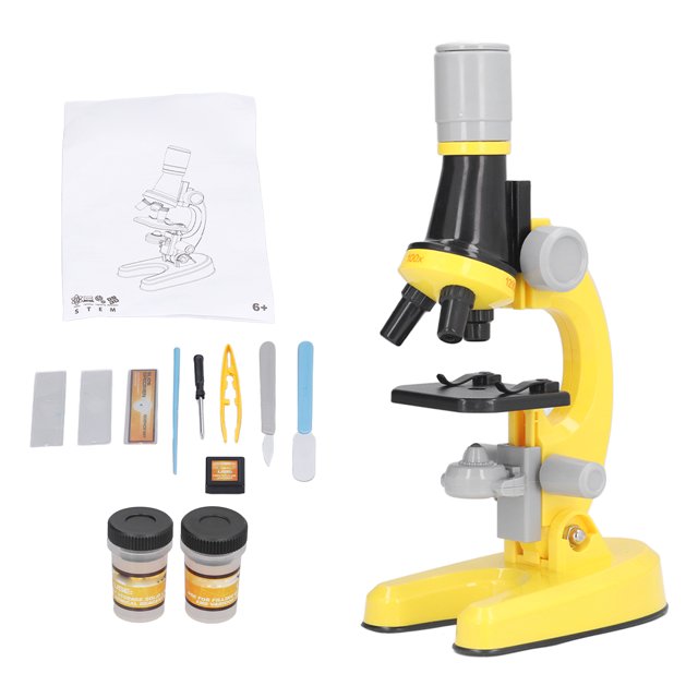 Kit de microscopio para niños Microscopio LED 1200X con diapositivas de muestras Juguete educativo científico Regalo de cumpleaños Amarillo