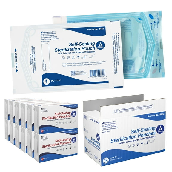 Dynarex Sterilization Pouches - Self Sealing Autoclave Bag for Medical, Dental, Tattoo & Nail Care Tools - Blue Tinted Transparent Cover, Dual Color Indicators, Size 5.25" x 7.5", 1 Case of 2,400