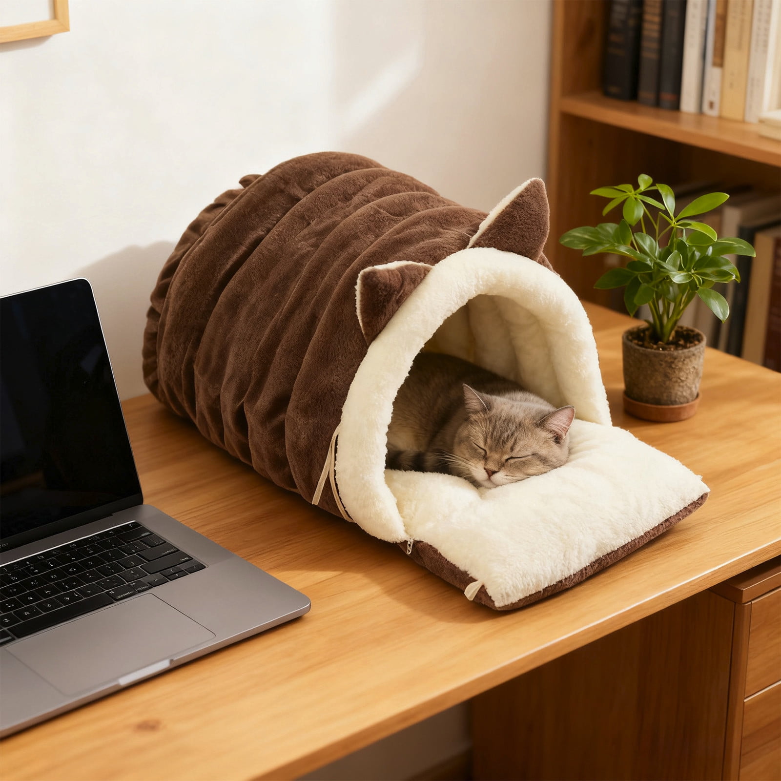 SPOORYYO Upgraded Warm Cat Bed for Winter Cozy Snuggles Calming Anti Anxiety Cuddler Bed with Removable Cushion