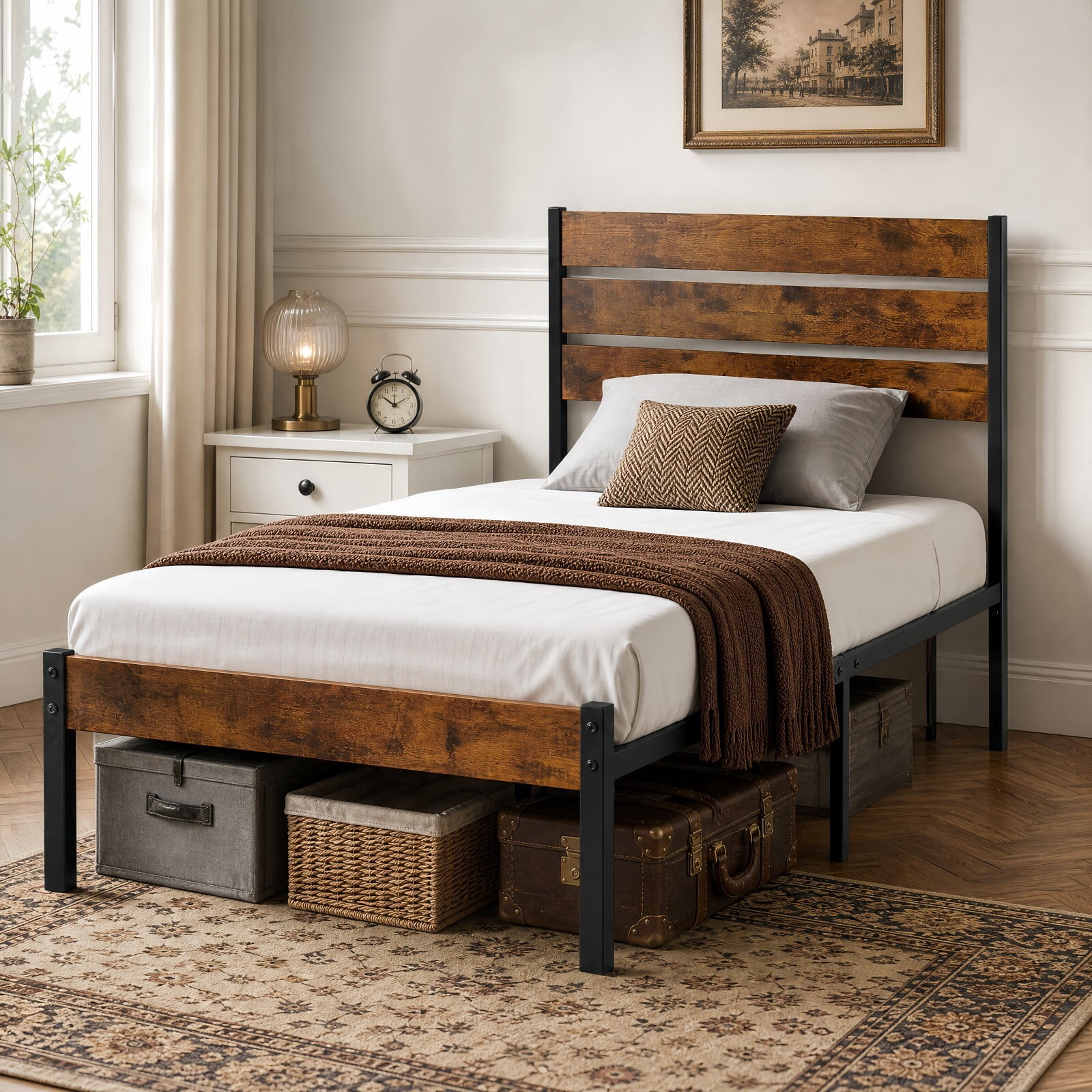 Kelno Industrial Twin Size Bed Frame 500LBS Heavy Duty with Wooden Headboard 14 Inch Metal Platform Bed No Box Spring Needed, Rustic Brown