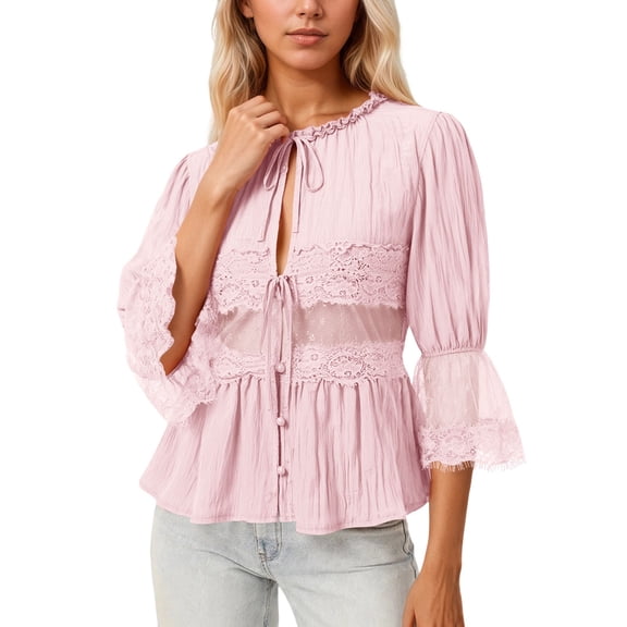 Elegant Lace Shirt Collar Blouse With Smocked Waist and Chiffon Sleeves Sun Loose Fit Casual Top for Women Oversized T-shirts Short Sleeve Crewneck Casual Tops