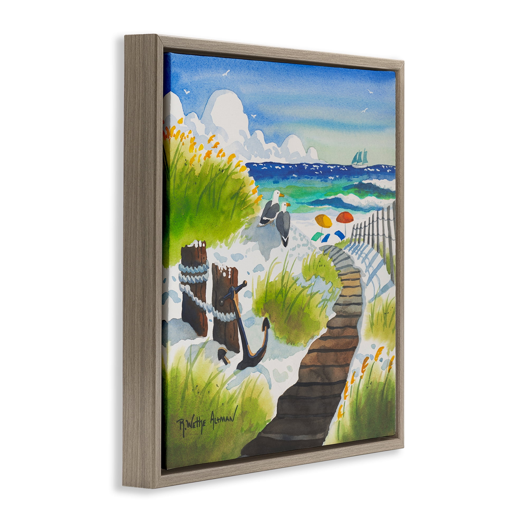 Stupell Industries Seagull & Anchor on Shore Brown Framed Floater Canvas Wall Art, design by Robin Altman