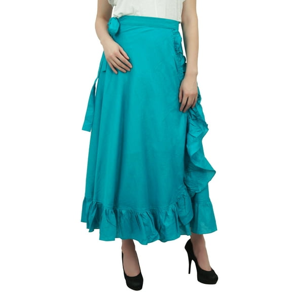 Phagun Women's Cotton Ruffled Self Belt Solid Magic Wrap Hippie Skirt-Blue