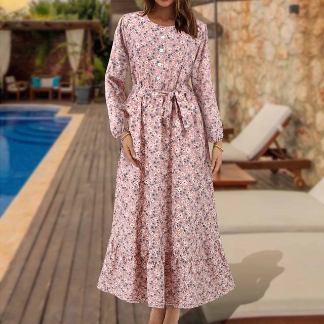 Ovzne Robes d'Été pour Femmes 2025 Robe Mode Femmes Imprimé Floral Col Rond à Lacets Boutonnage Manches Longues Fermeture à Glissière à Lacets Robe à Taille Rétractable Robe de Printemps Robe à Manches Longues Imprimée Clea