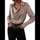 thumbnail image 2 of Blusa Elegante de Satén de Seda para Mujer, con Cuello Vuelto, Fruncido en la Parte Delantera, Drapeada, Larga, para Oficina y Trabajo. Raíz de Rosa M, 2 of 6