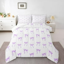 Homewish Cartoon Bowtie Bowknot Full Size Comforter Sets,Cute Ribbon Bow Bedding Comforter Set,Purple White Bedding Sets For Girl Teens,Luxury Bedroom Decor,3 Pieces