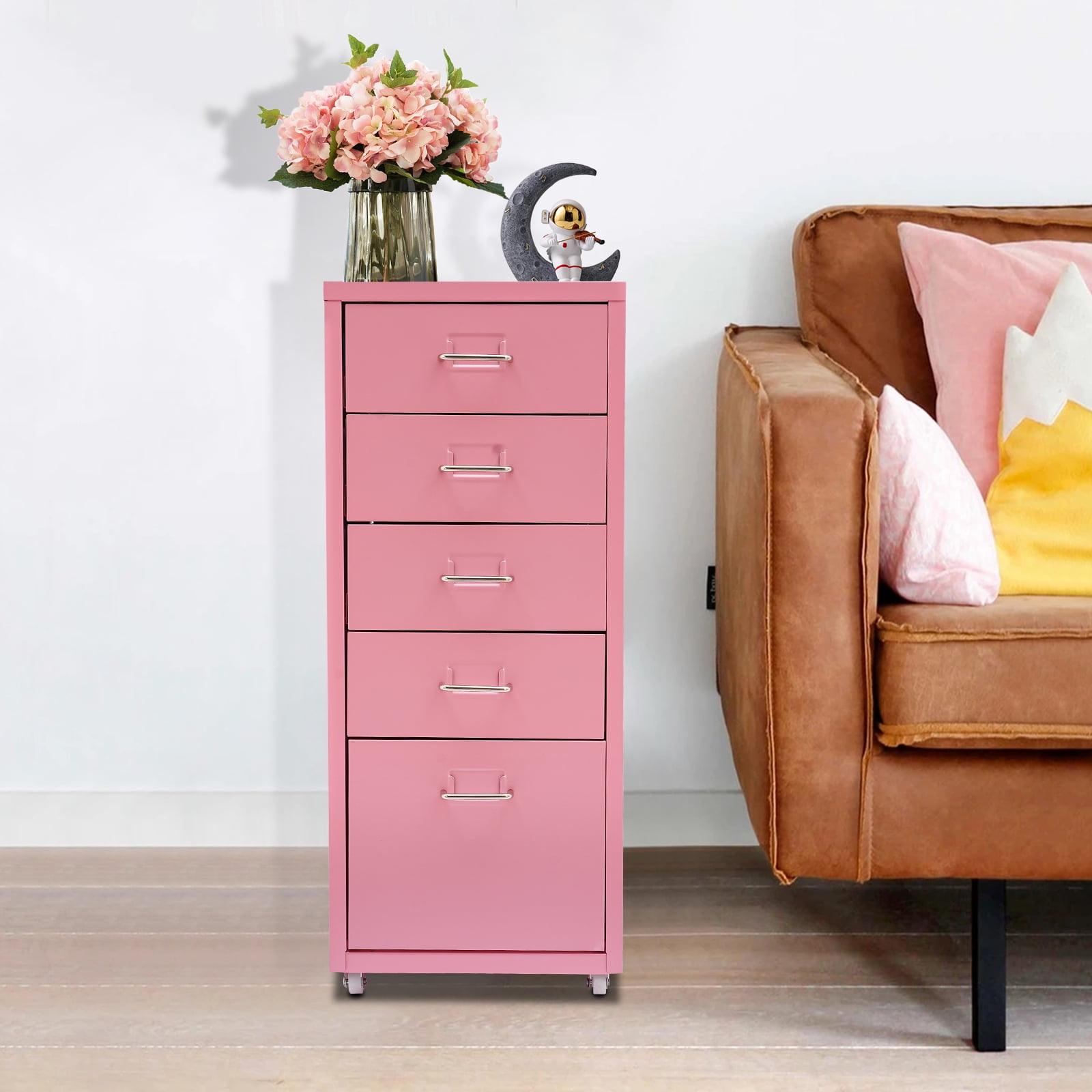 Fichiouy Metal File Storage Cabinet with Rubber Wheels 5-Drawer Storage Cabinet for Home Office 16" D x 11" W x 27" H