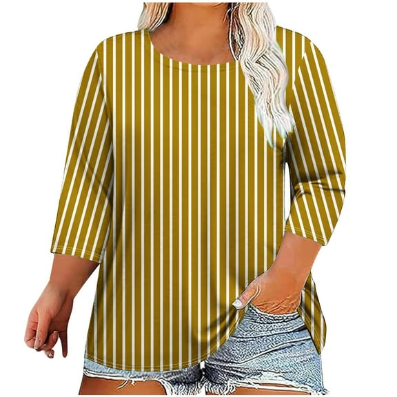 Jalioing Plus Size Striped Shirts for Women Crew Neck 3/4 Sleeve Loose Pullover Tee XL-5XL Casual Blouses
