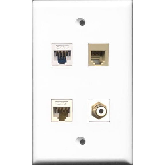 RiteAV 1 Port RCA White and 1 Port RCA Yellow and 1 Port Phone RJ11 RJ12 Beige and 1 Port Cat5e Ethernet White Wall Plate