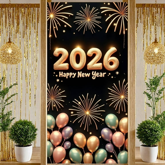Golden Happy New Year Banner Firework Decor 2026 New Year Display Colorful Balloons Shiny Stars New Year Backdrop for New Year Party New Year's Eve Celebration Family Gathering