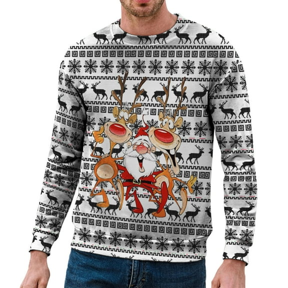 Telankuip 2025 Christmas Sweatshirts for Men Funny Crew Neck Pullovers Long Sleeve Christmas Print Retro Santa Claus Tops Warm Comfortable Fitted Casual Workout Sweatshirt White3 XL