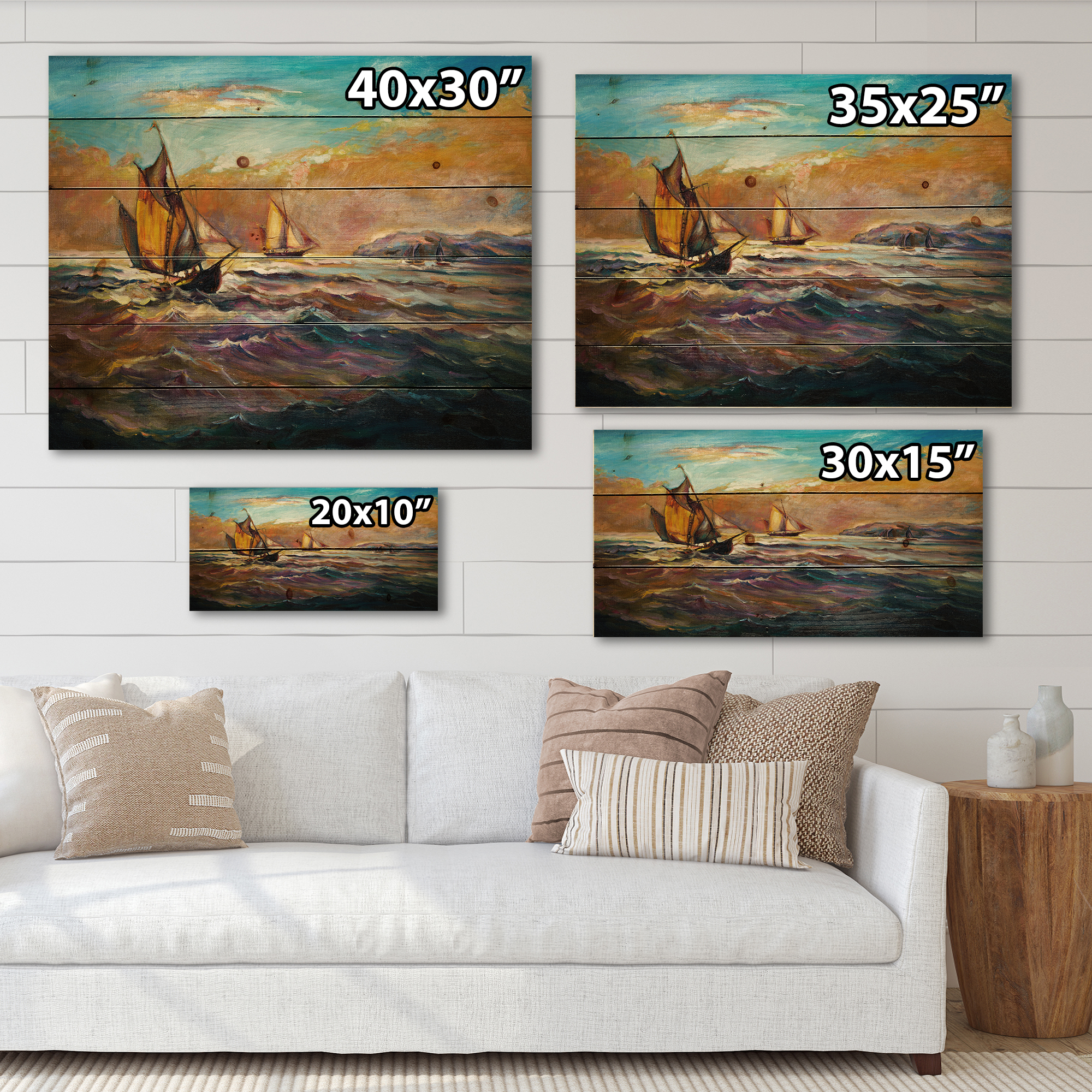 Designart 'Boats During Evening Sunset In The Ocean II' Nautical & Coastal Print on Natural Pine Wood