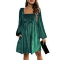 thumbnail image 2 of Women's Tie Back Square Neck Velvet B`abydoll Dresses Puff Long Sleeve Short Mini Dress, 2 of 8