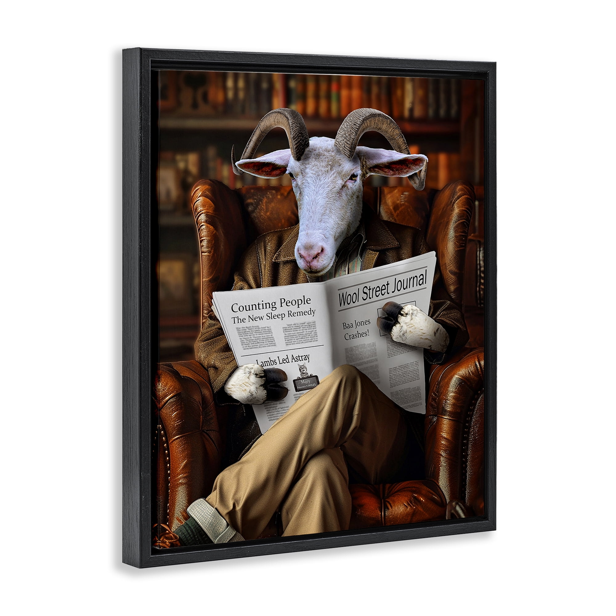 Stupell Industries Goat in Vintage Library Animals & Insects Painting Black Floater Framed Canvas Art Print Wall Art, 25 x 31