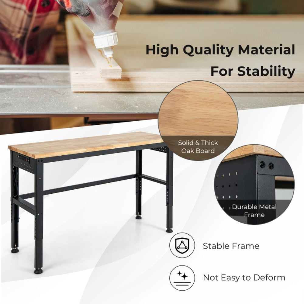 Demi Bonn 53" Adjustable Heavy-Duty Workbench with Rubber Wood Top for Home Office Sturdy Writing Workstation, Brown