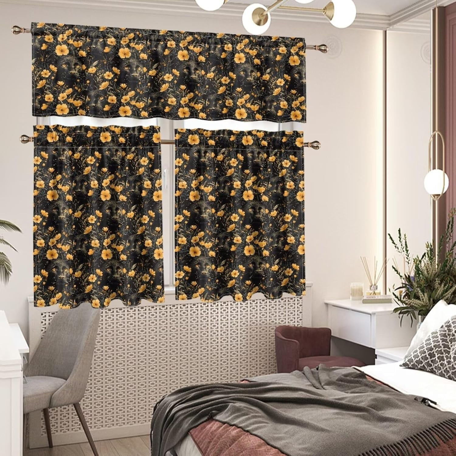 Black Leopard Flower Kitchen Curtains and Valances Set Valance and Tiers Kitchen Window Decor Light Filtering Energy Efficient Curtain Set for Small Window