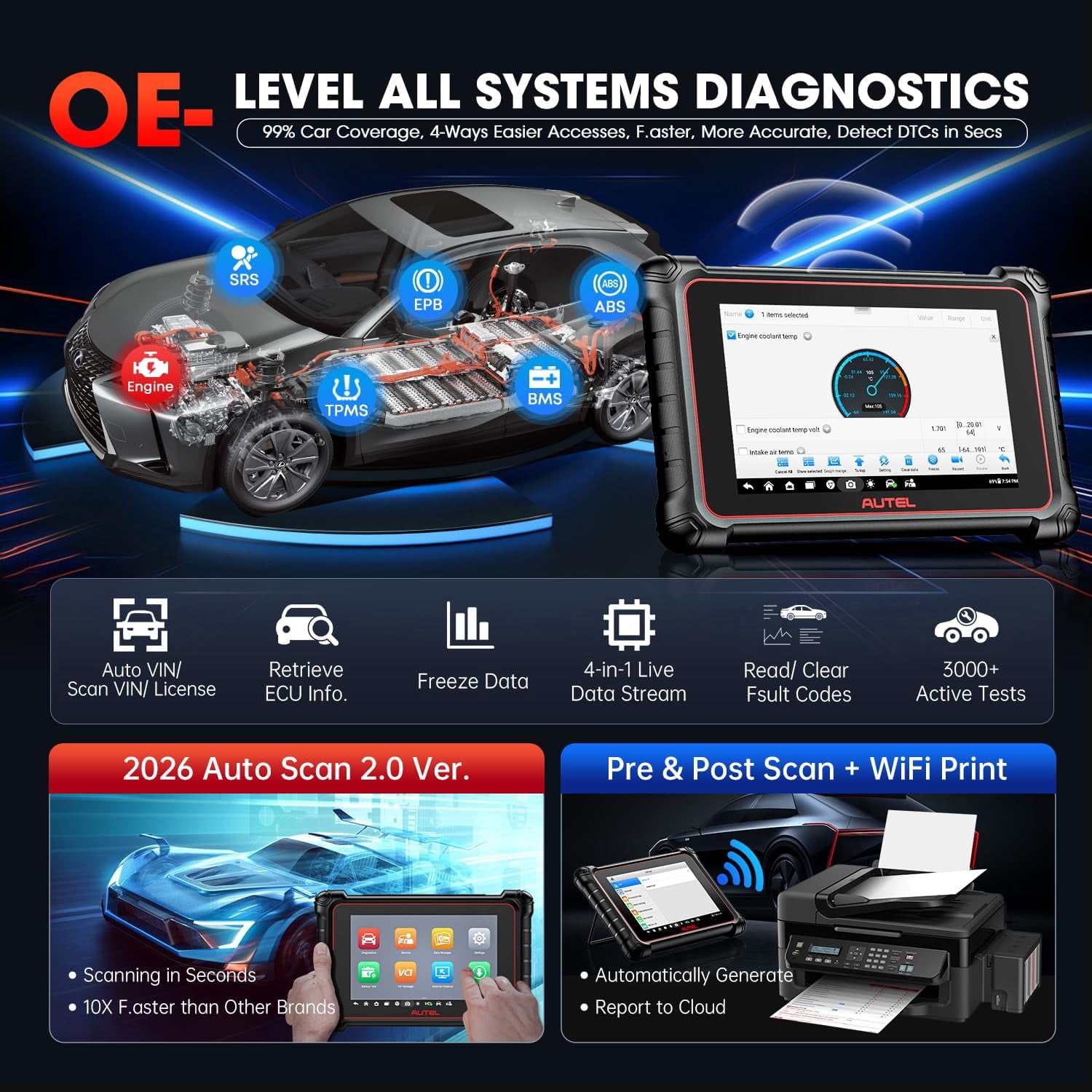 Autel Scanner Maxcom MK900BT, 2026 MK900-BT Bidirectional Diagnostic Scan Tool, 2.0 BT Ver. of MK900 MX900, 40+ Reset, 3K+ Active Tests, CAN FD & DoIP, FCA