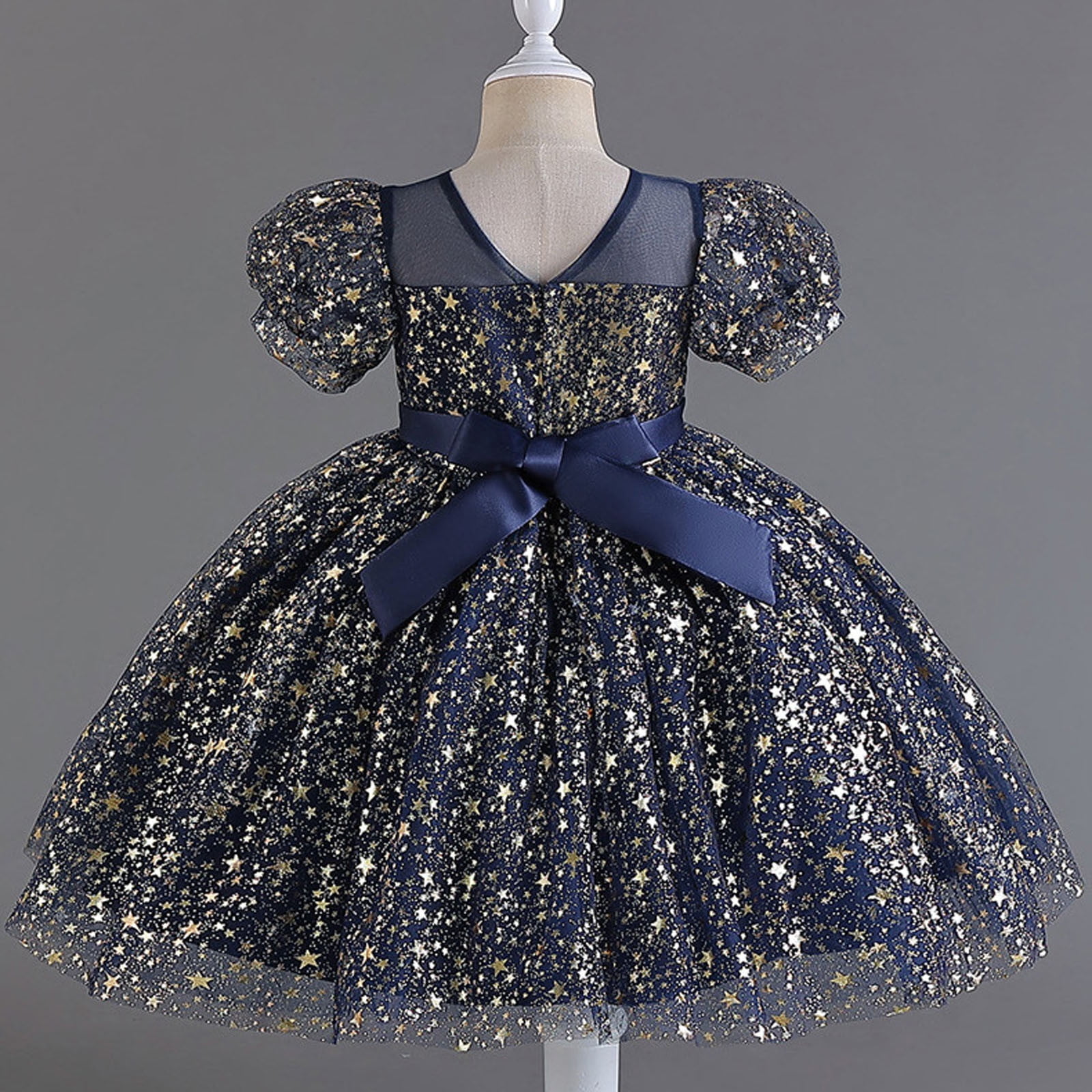 Girls Sequins Tutu-Dresses Layered-Tulle Size 4-12 Toddlers Kids Cute Short Puffed Sleeve Crewneck A-Line Birthday Evening Party Dress