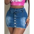 thumbnail image 5 of High Waisted Denim Mini Skirt With Button Front And Tie Waist Medium Wash, 5 of 6
