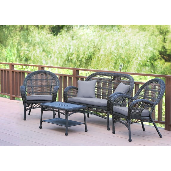 4-Piece Brown Wicker Outdoor Furniture Patio Conversation Set - Steel Blue Cushions
