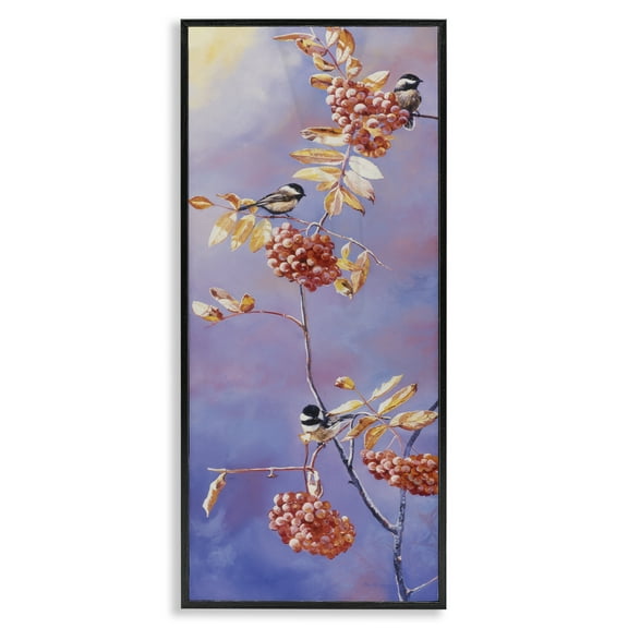 Stupell Industries Chickadees & Mountain Ash Plants & Flowers Painting Black Framed Art Print Wall Art, 10 x 24