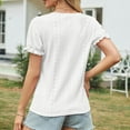 thumbnail image 6 of Fesfesfes Women's V-Neck Tops New Eyelet Embroidered Short Ruffle Sleeve T-shirt Breathable Fabric Casual Loose Front Tie Hem Tee, 6 of 7