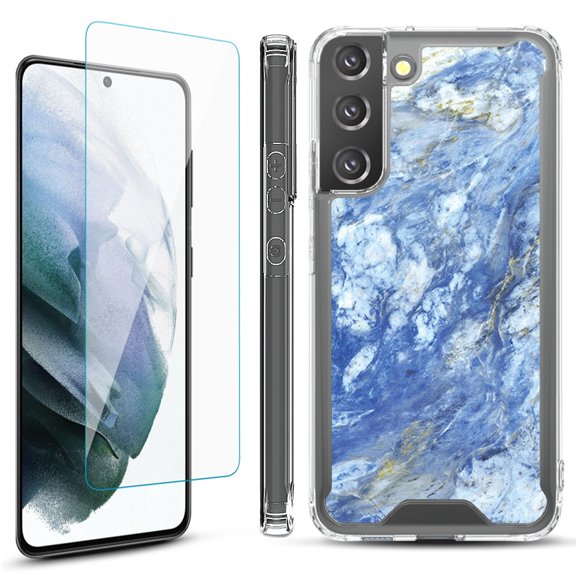 Shockproof Bumper Phone Case for Samsung Galaxy S22  / S22 Plus 5G, with Tempered Glass Screen Protector, by OneToughShield ® - Marble / Gem Blue