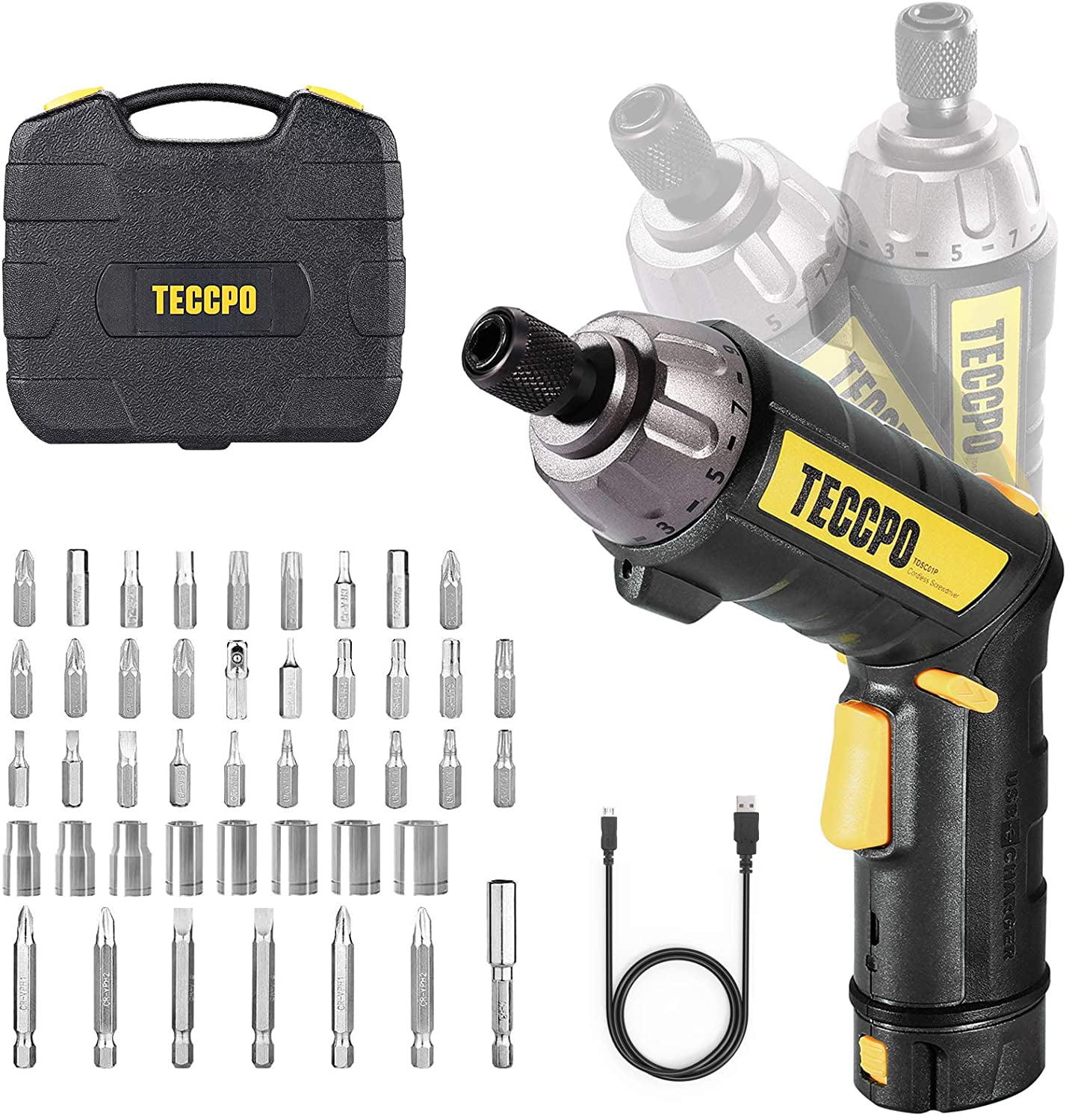 TECCPO TDSC01P Electric Screwdriver 6Nm TECCPO Cordless Screwdriver Adjustable 2 Position Handle with LED 4V 2000mAh Li-ion 9+1 Torque Gears with 45 Free Accessories USB Rechargeable 